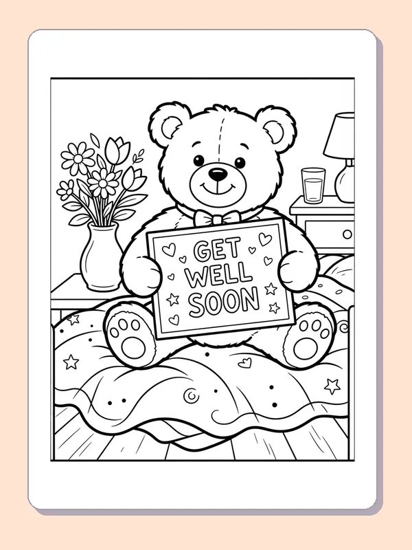 Smiling teddy bear on a patterned bedspread holding a Get Well Soon card beside flowers and a lamp.