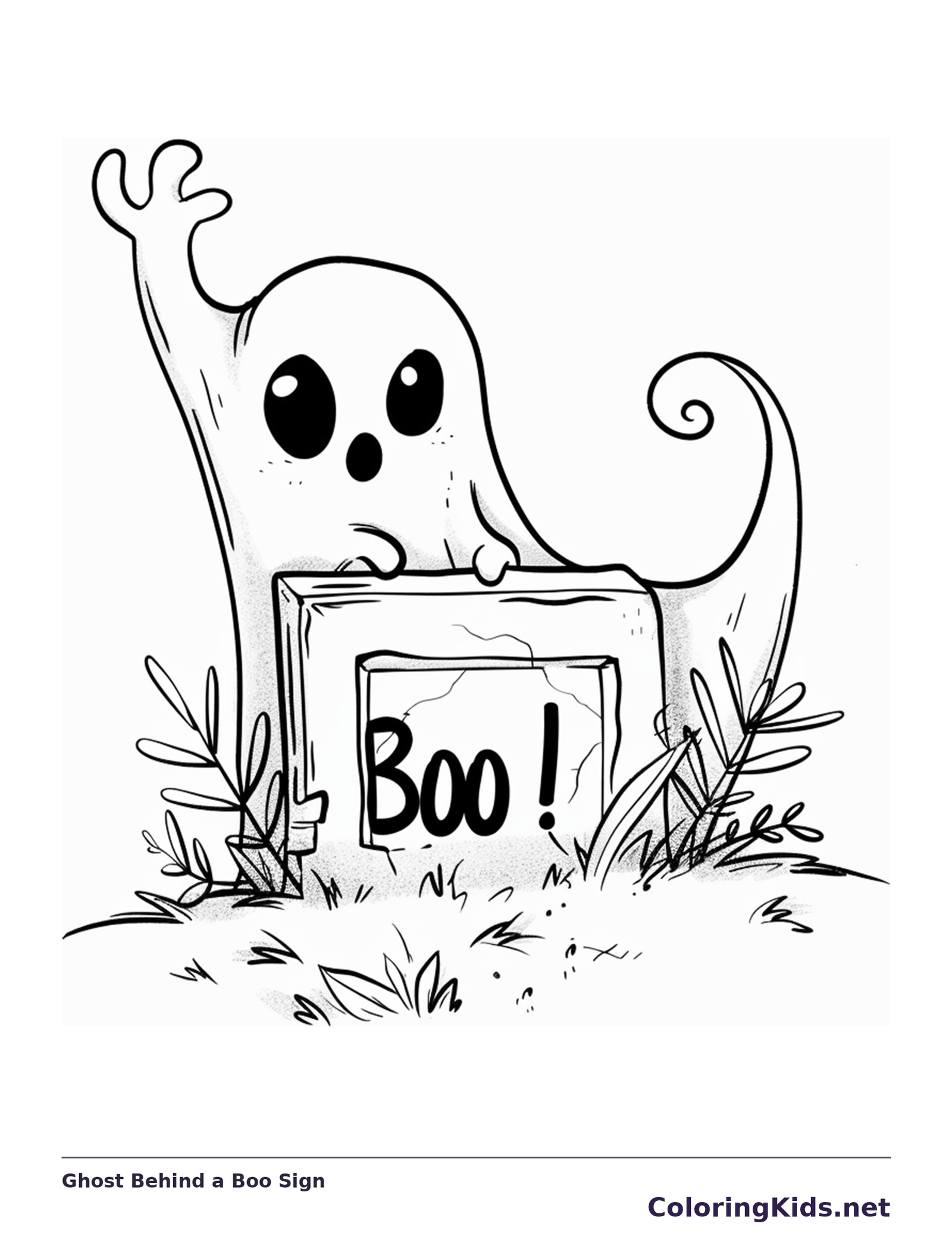 Ghost Behind a Boo Sign coloring page, black and white printable line art