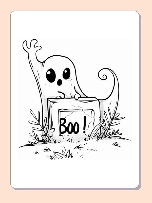 Ghost Behind a Boo Sign coloring page, black and white printable line art