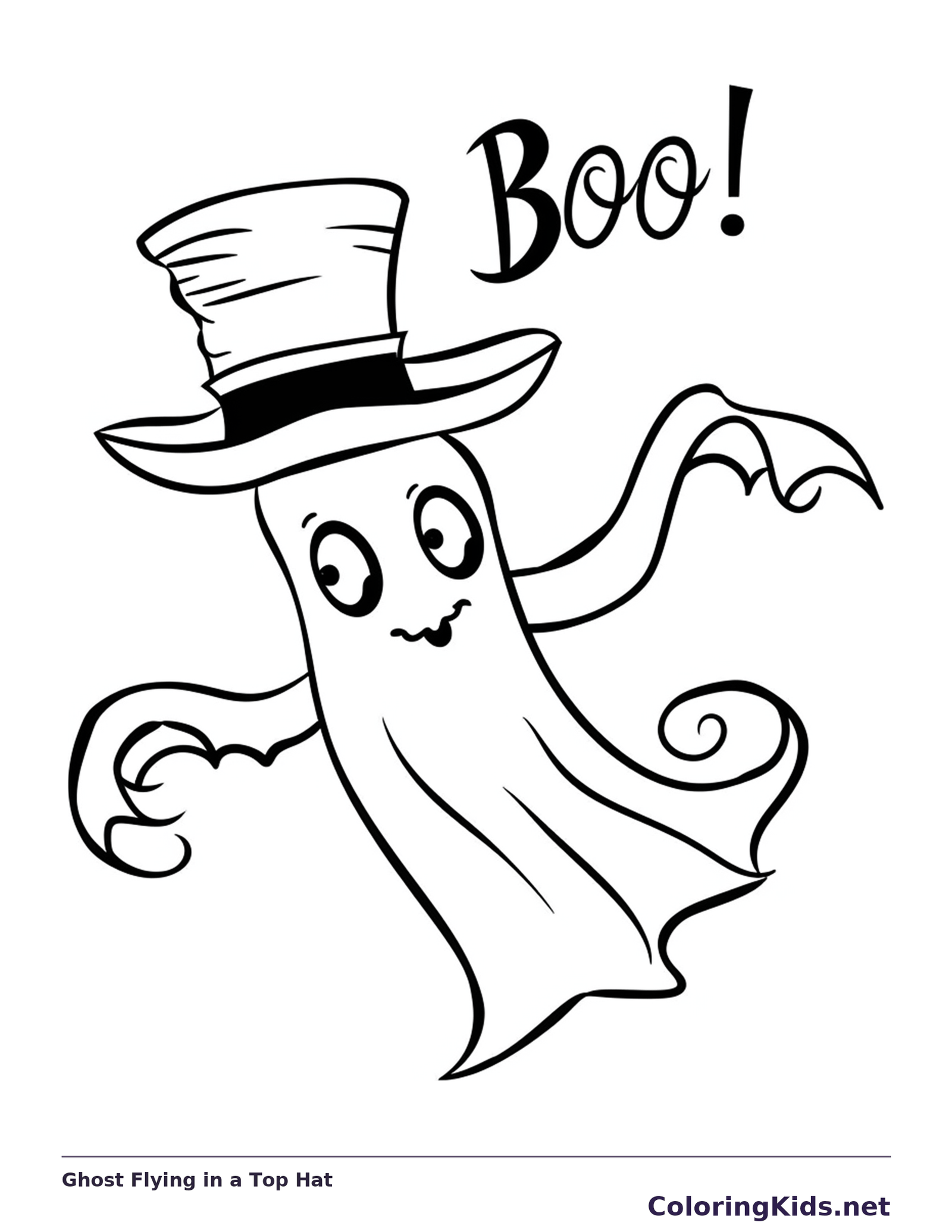 Ghost Flying in a Top Hat coloring page, black and white printable line art