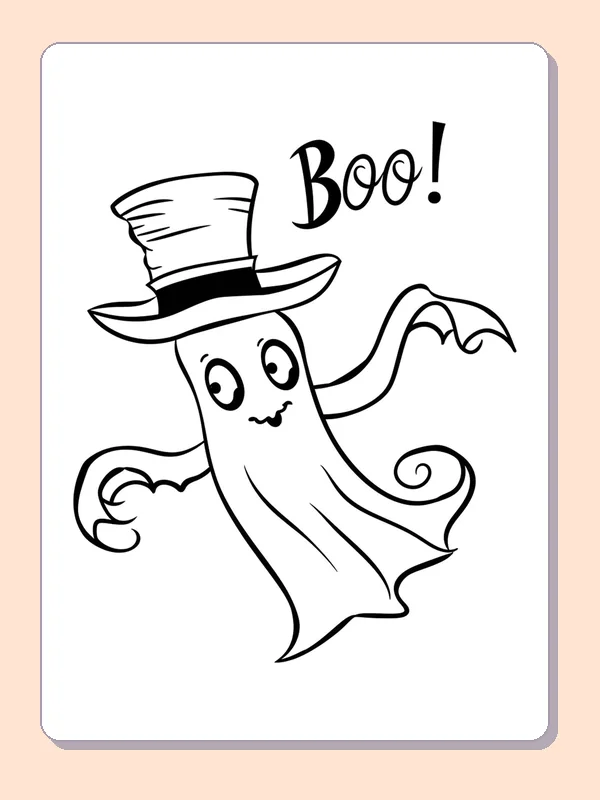 Ghost Flying in a Top Hat coloring page, black and white printable line art