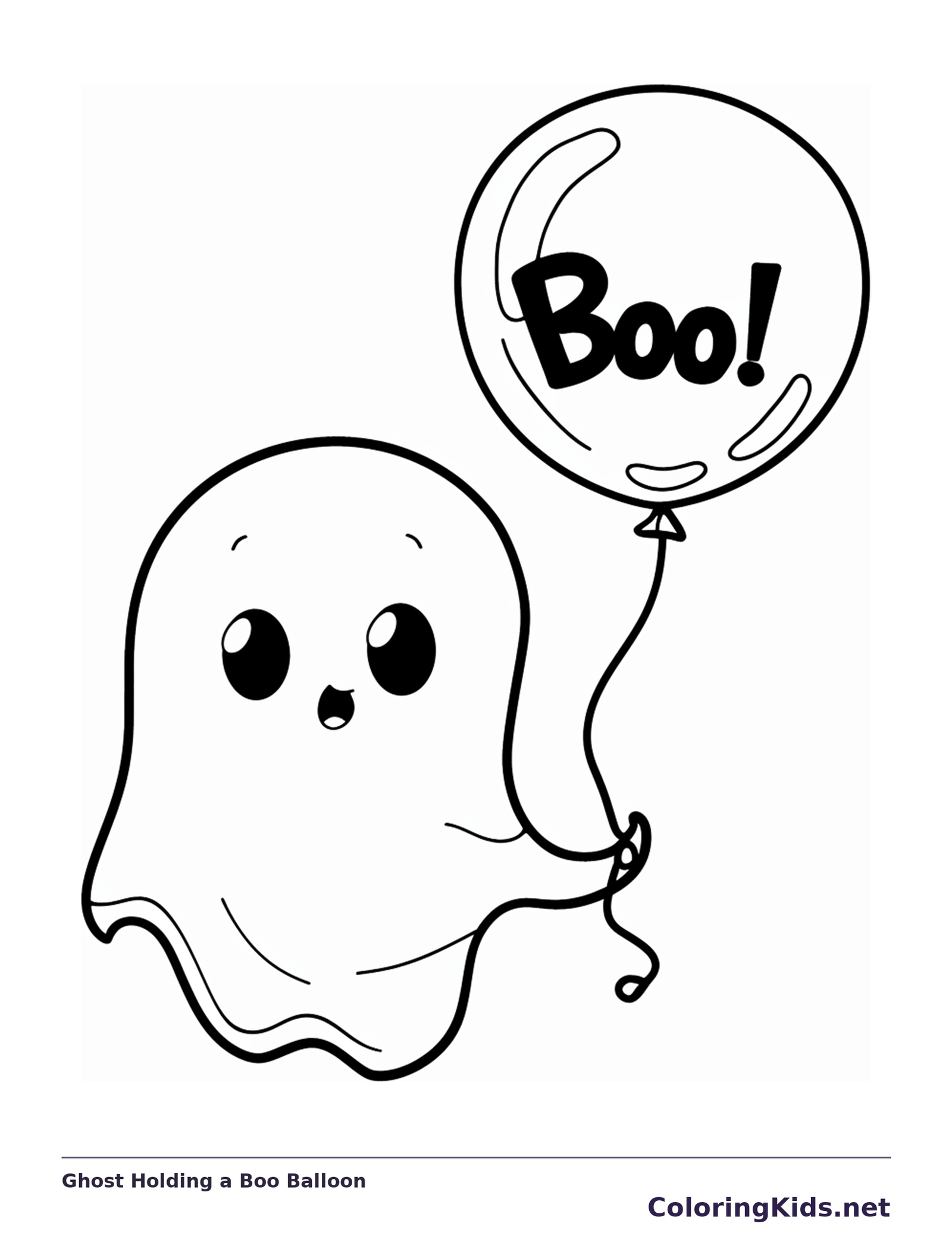 Ghost Holding a Boo Balloon coloring page, black and white printable line art