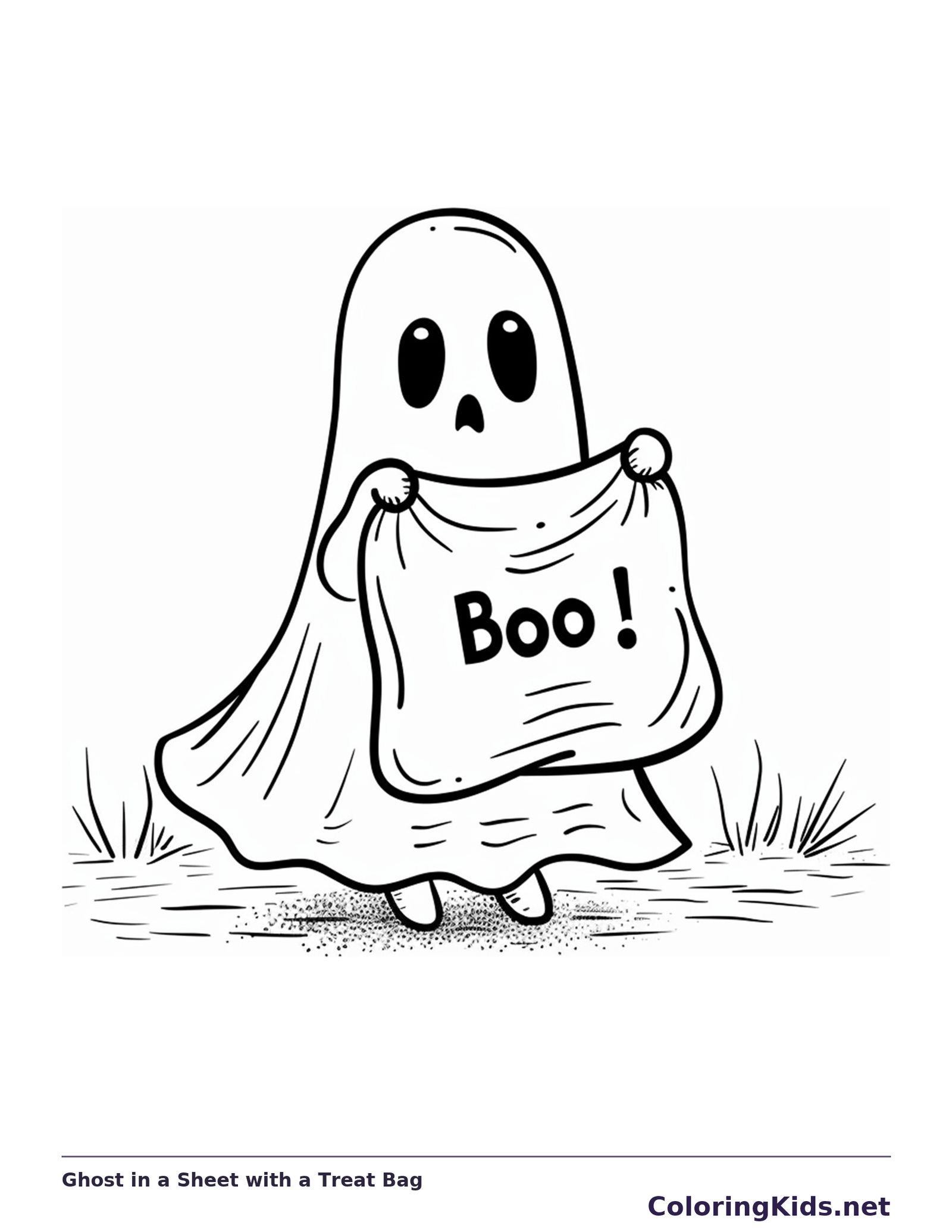 Ghost in a Sheet with a Treat Bag coloring page, black and white printable line art