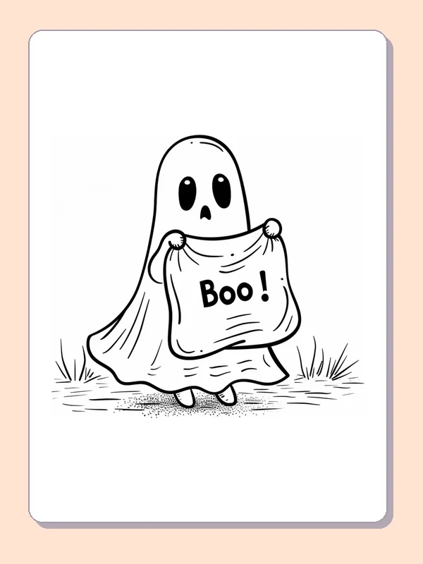Ghost in a Sheet with a Treat Bag coloring page, black and white printable line art