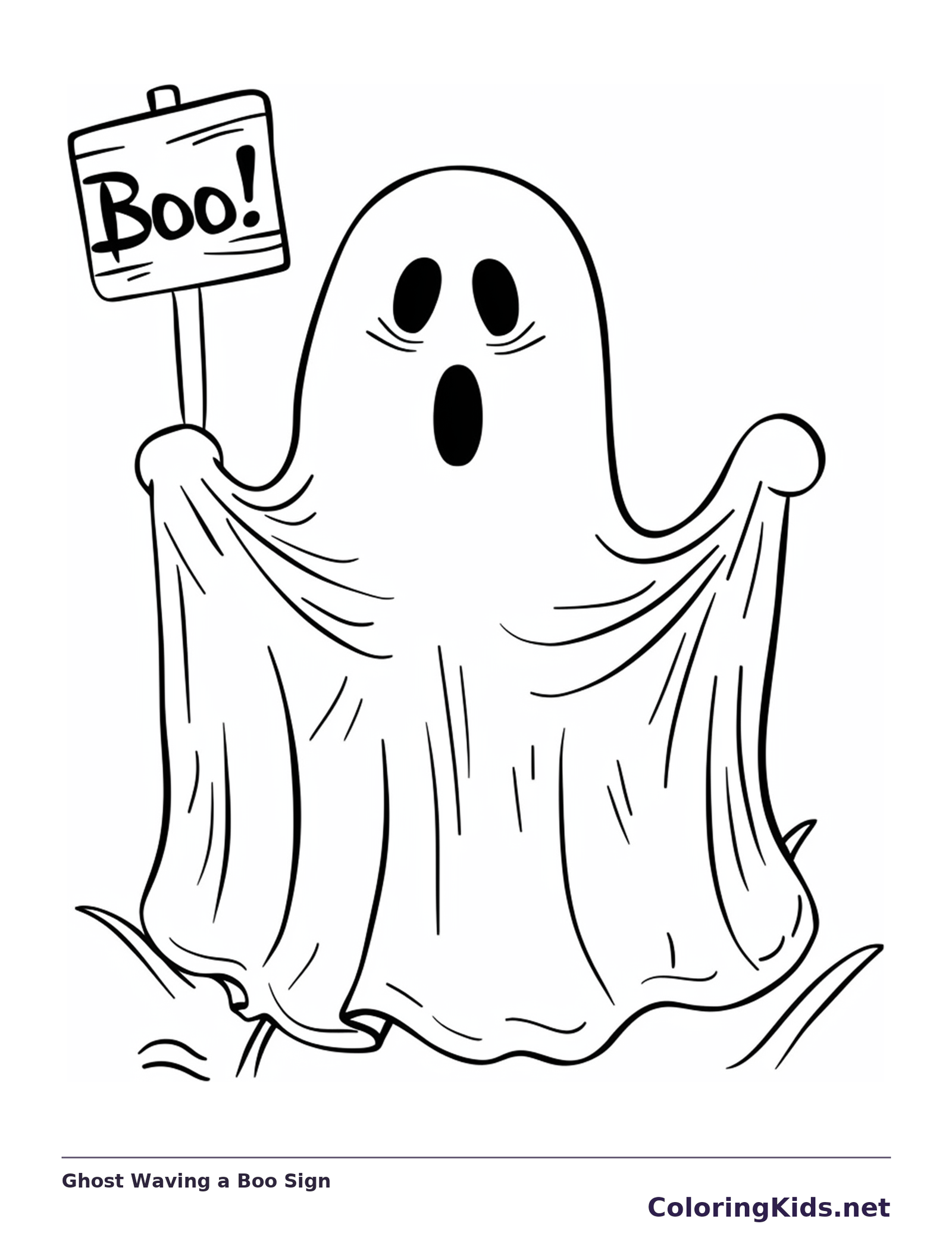 Ghost Waving a Boo Sign coloring page, black and white printable line art