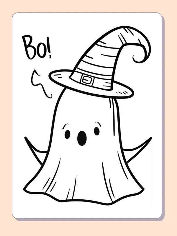 Ghost Wearing a Pointed Witch Hat coloring page, black and white printable line art