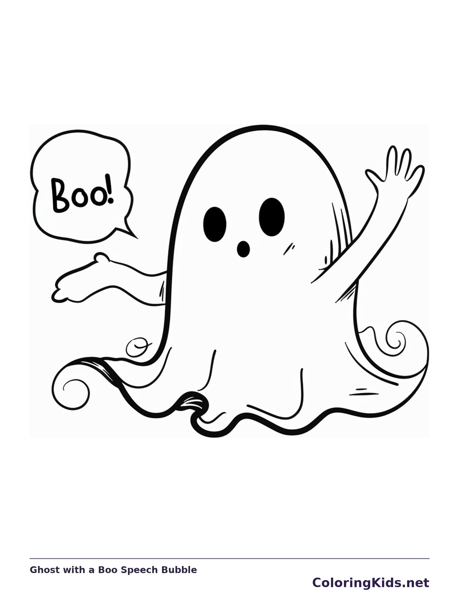 Ghost with a Boo Speech Bubble coloring page, black and white printable line art