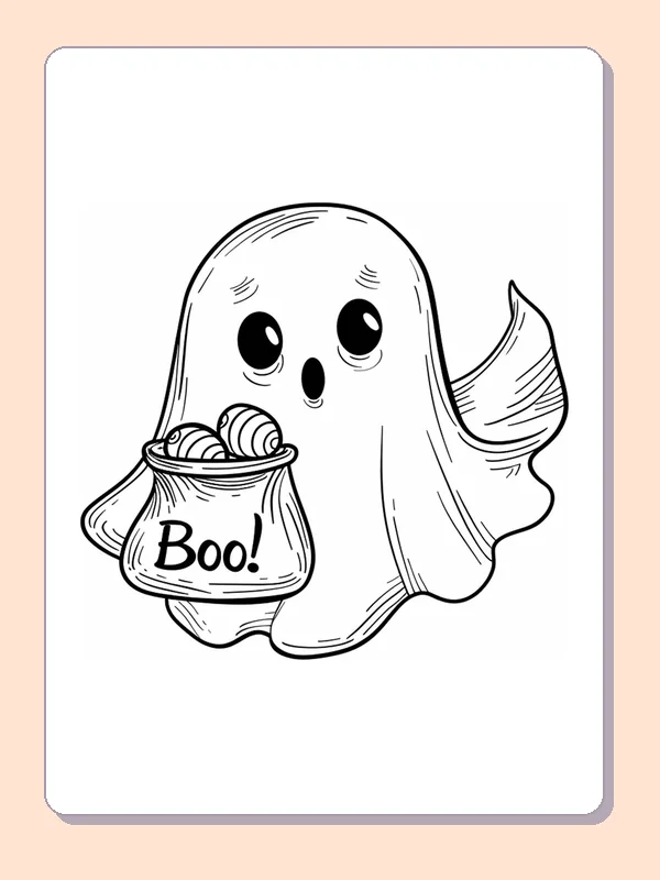 Ghost with a Candy Bucket coloring page, black and white printable line art
