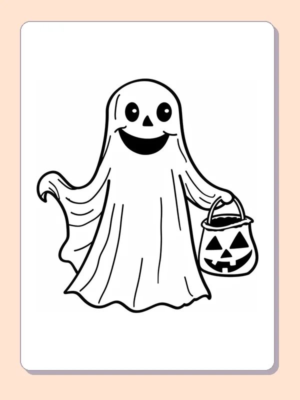 Ghost with a Grinning Pumpkin Bucket coloring page, black and white printable line art