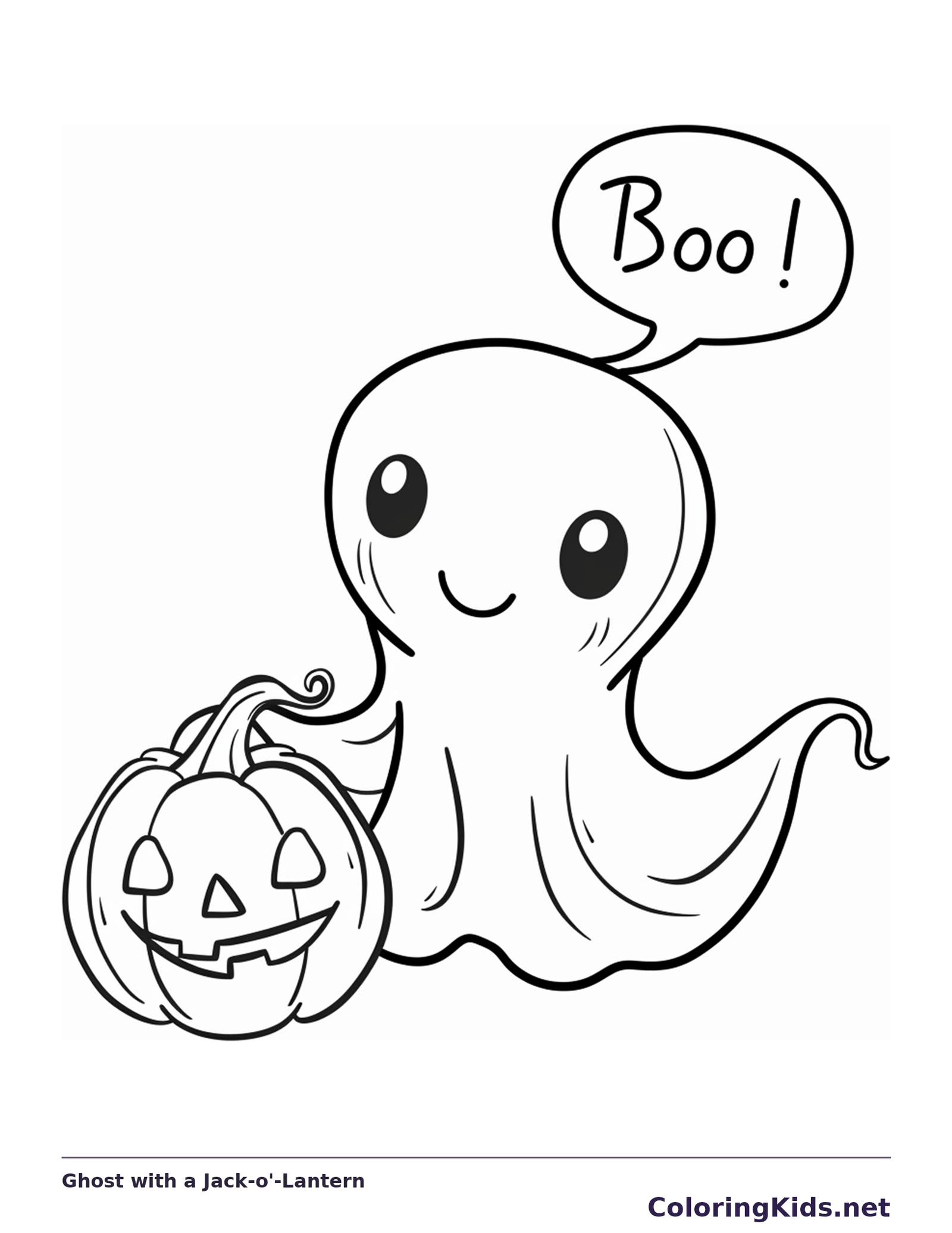 Ghost with a Jack-o'-Lantern coloring page, black and white printable line art