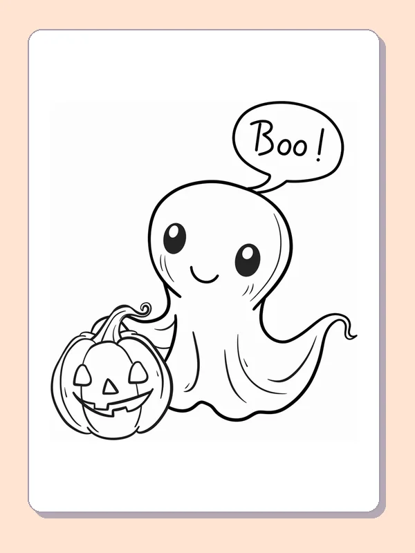 Ghost with a Jack-o'-Lantern coloring page, black and white printable line art