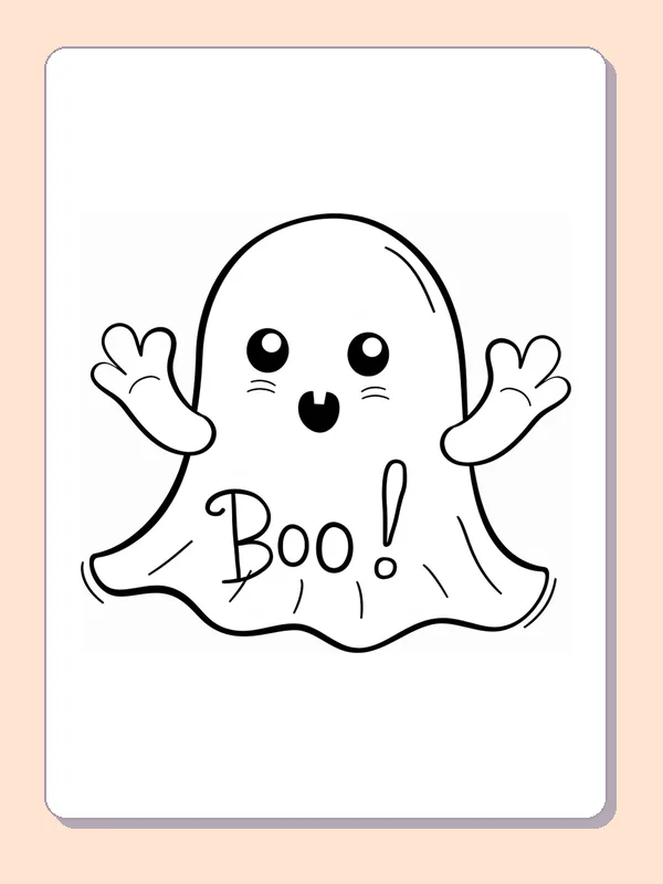 Round Ghost Saying Boo coloring page, black and white printable line art
