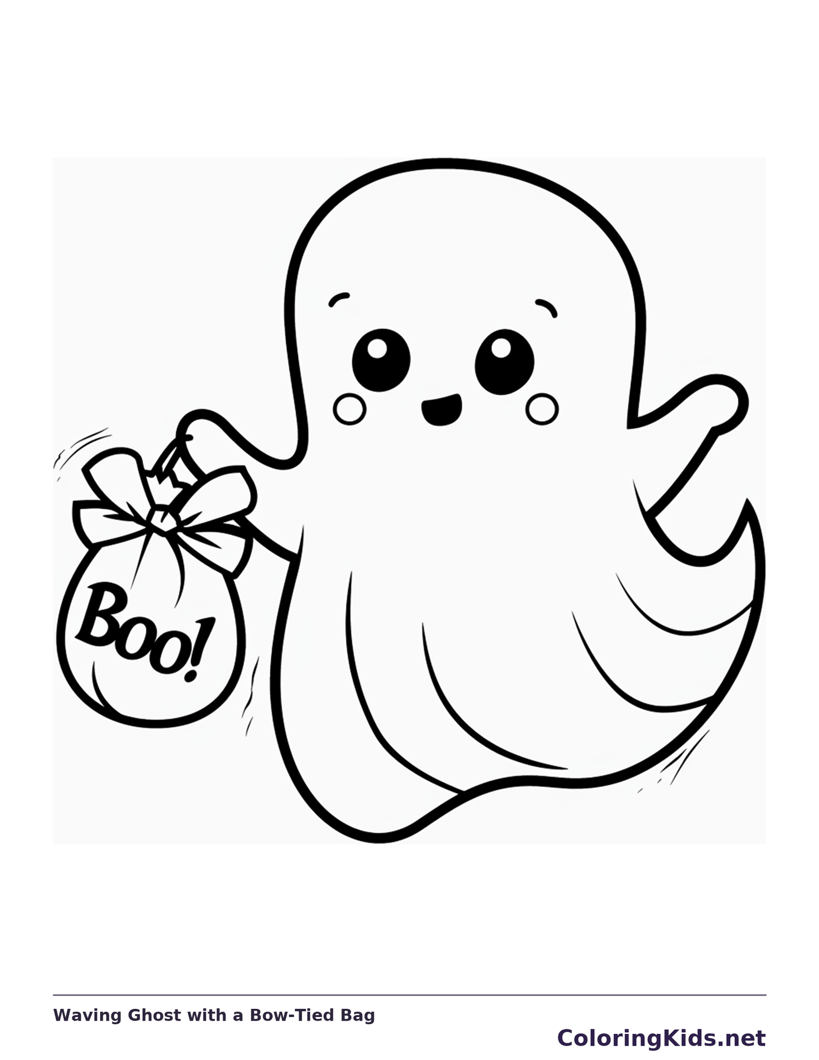 Waving Ghost with a Bow-Tied Bag coloring page, black and white printable line art