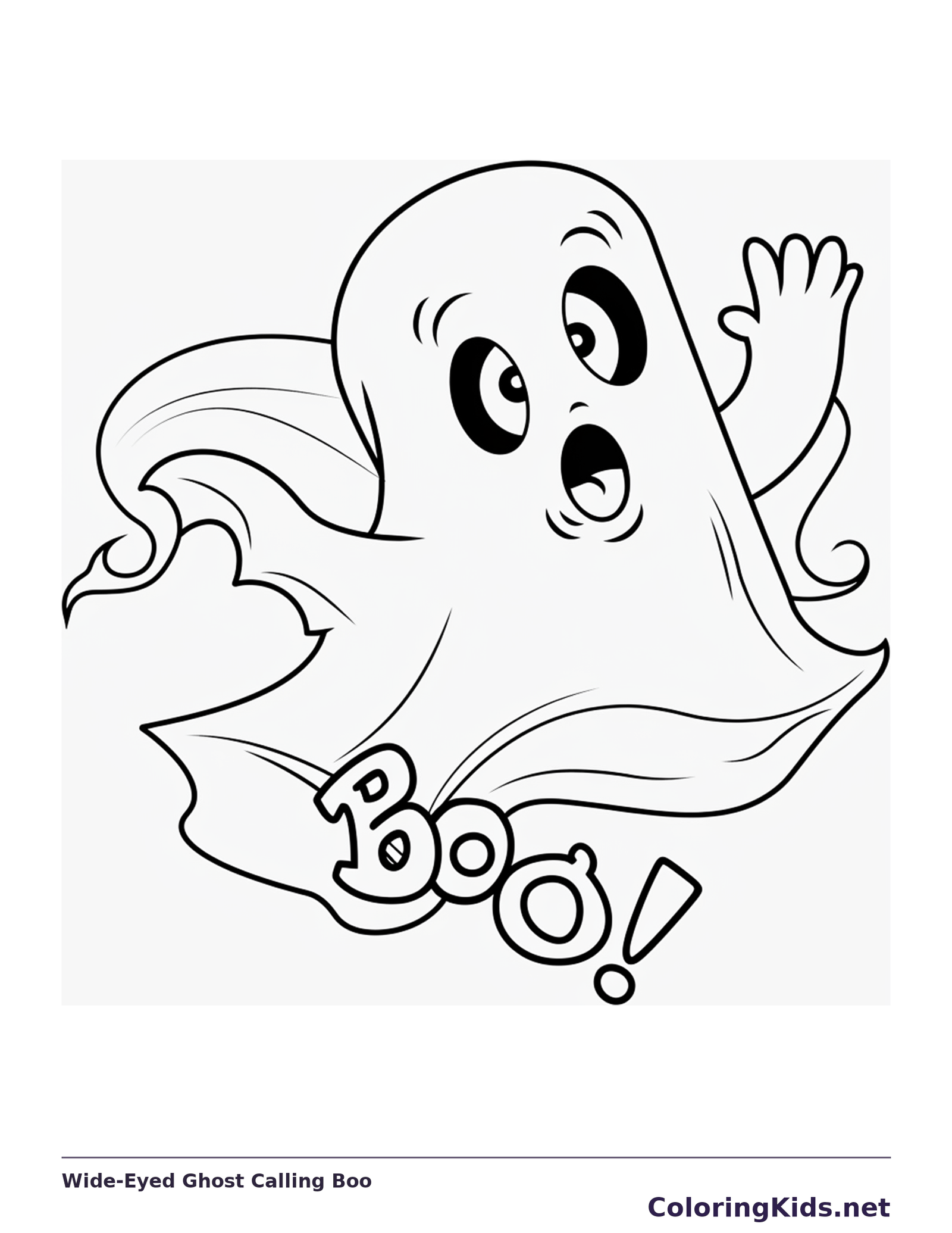 Wide-Eyed Ghost Calling Boo coloring page, black and white printable line art
