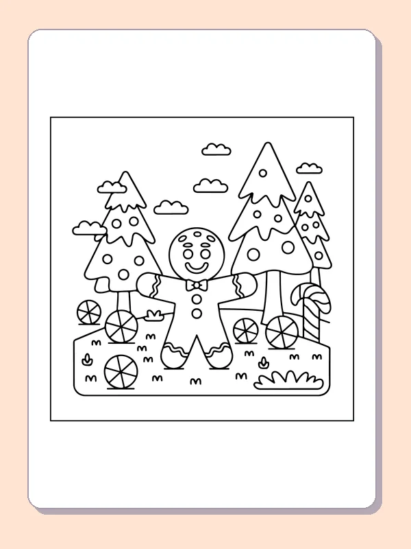 Gingerbread Among Snowy Trees black and white gingerbread coloring page
