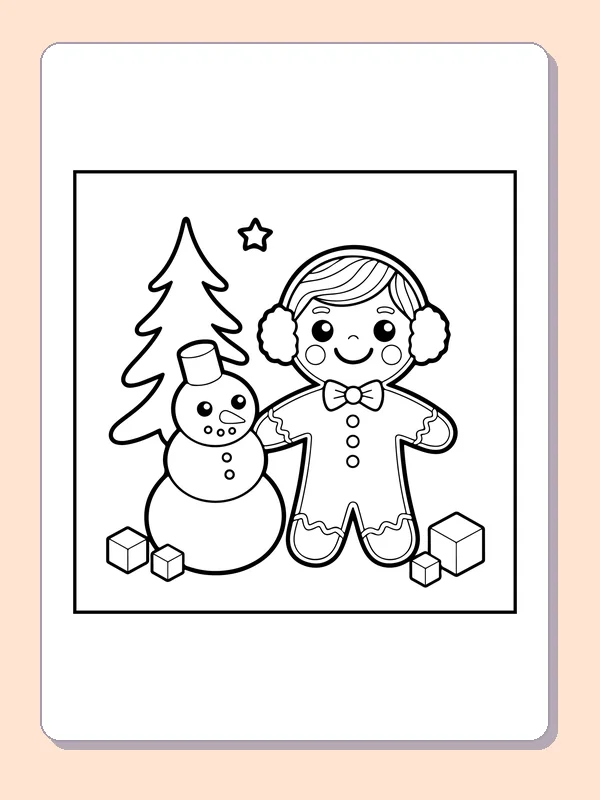 Gingerbread and a Little Snowman black and white gingerbread coloring page