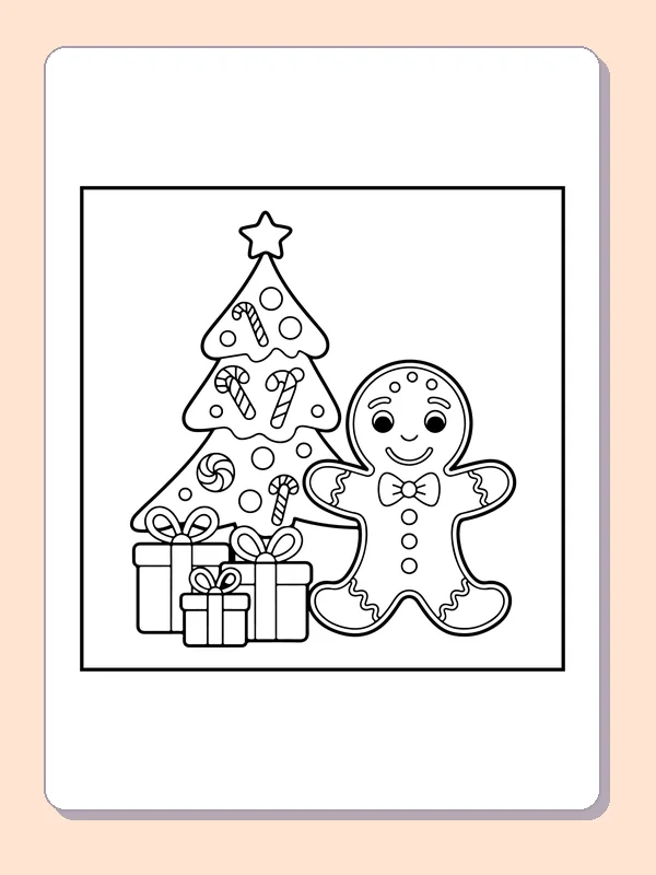 Gingerbread beside a Starry Tree black and white gingerbread coloring page