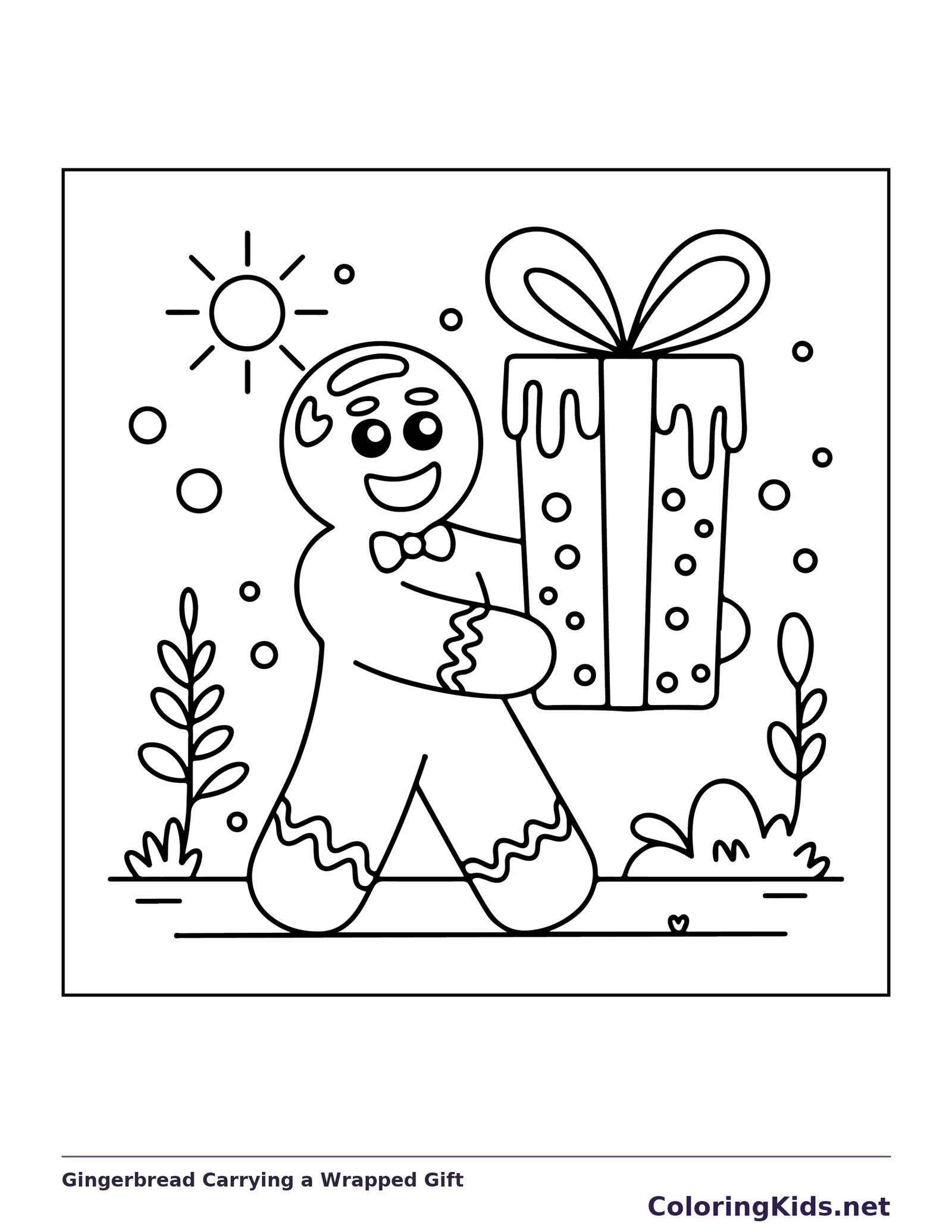 Gingerbread Carrying a Wrapped Gift coloring page | ColoringKids.net