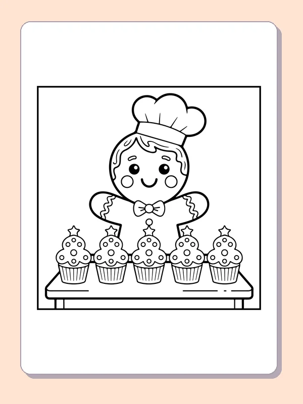 Gingerbread Chef with Cupcakes black and white gingerbread coloring page