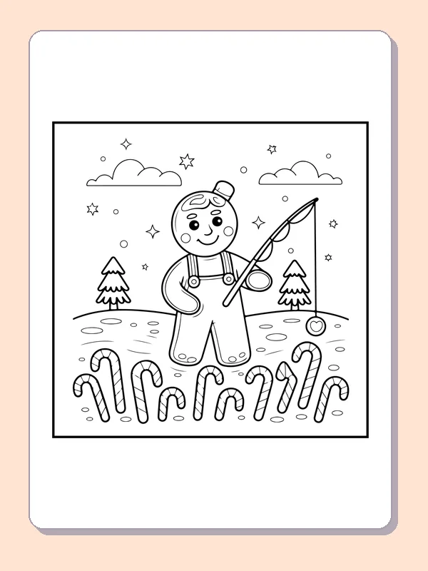 Gingerbread Fishing with a Candy Cane black and white gingerbread coloring page