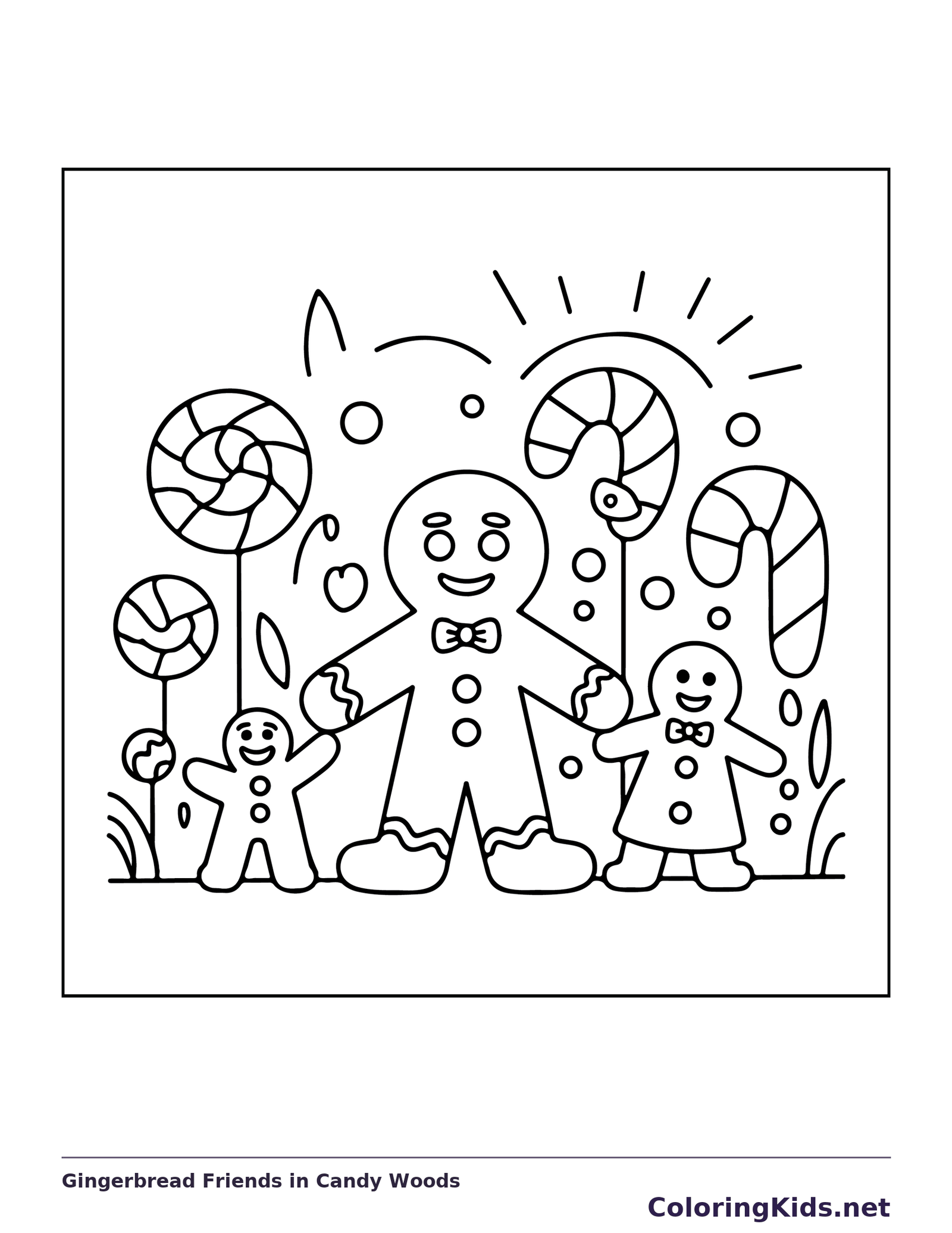 Gingerbread Friends in Candy Woods black and white gingerbread coloring page