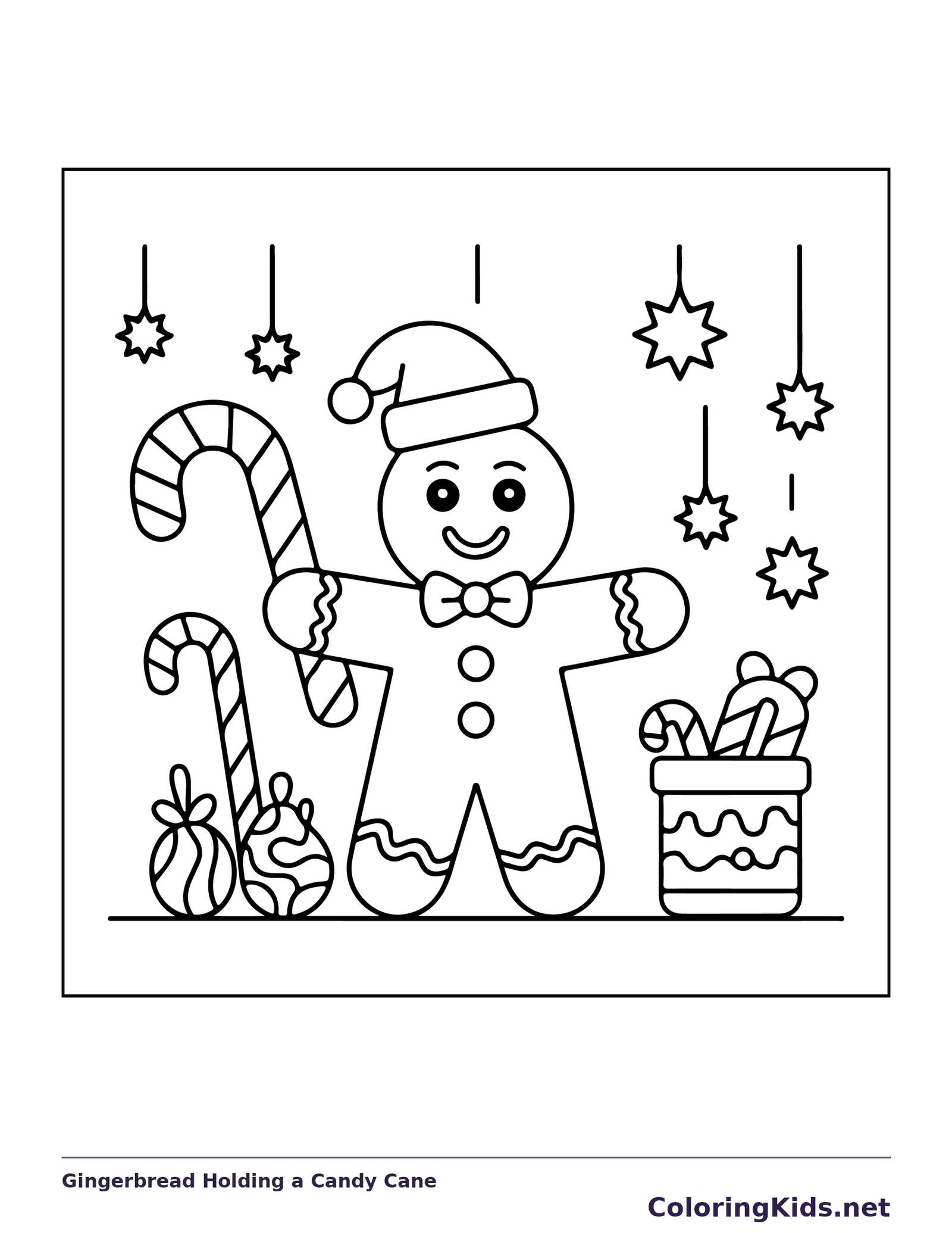 Gingerbread Holding a Candy Cane black and white gingerbread coloring page