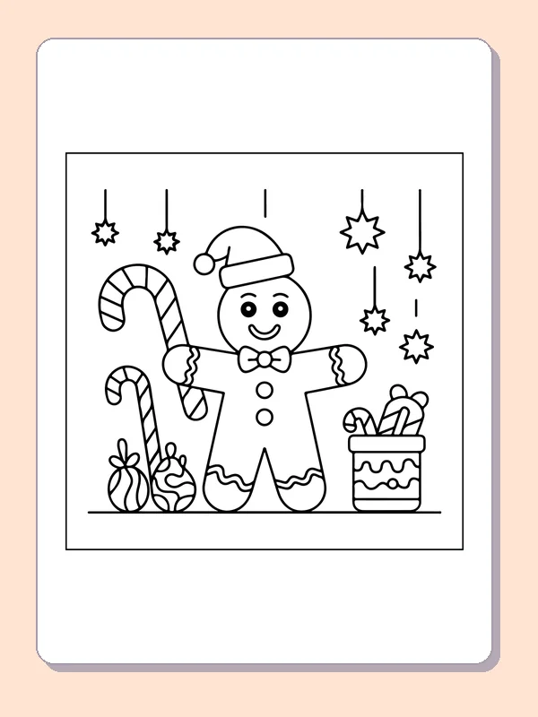 Gingerbread Holding a Candy Cane black and white gingerbread coloring page
