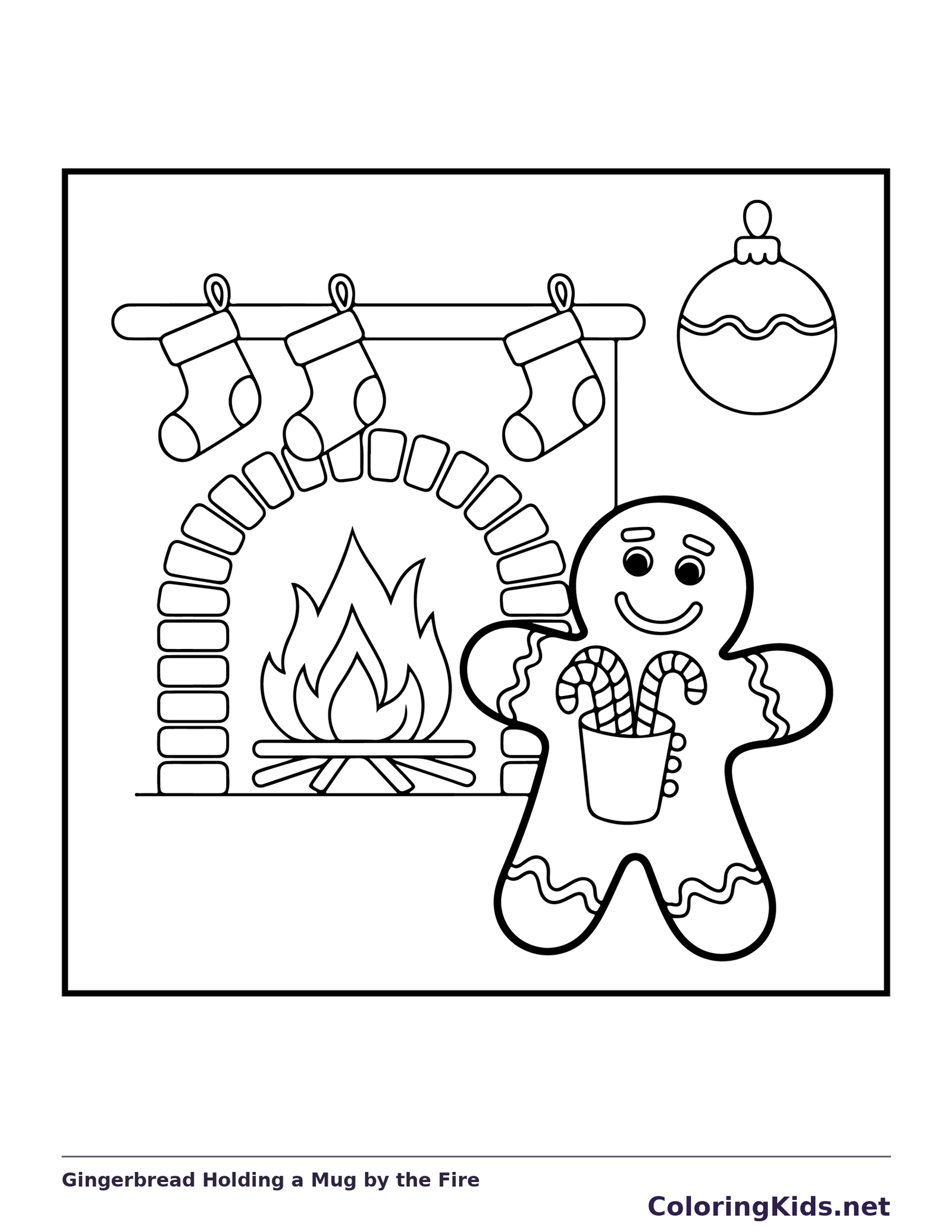 Gingerbread Holding a Mug by the Fire black and white gingerbread coloring page
