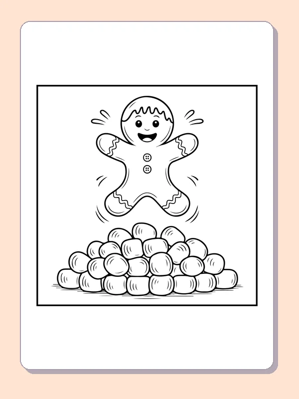 Gingerbread Jumping over Marshmallows black and white gingerbread coloring page