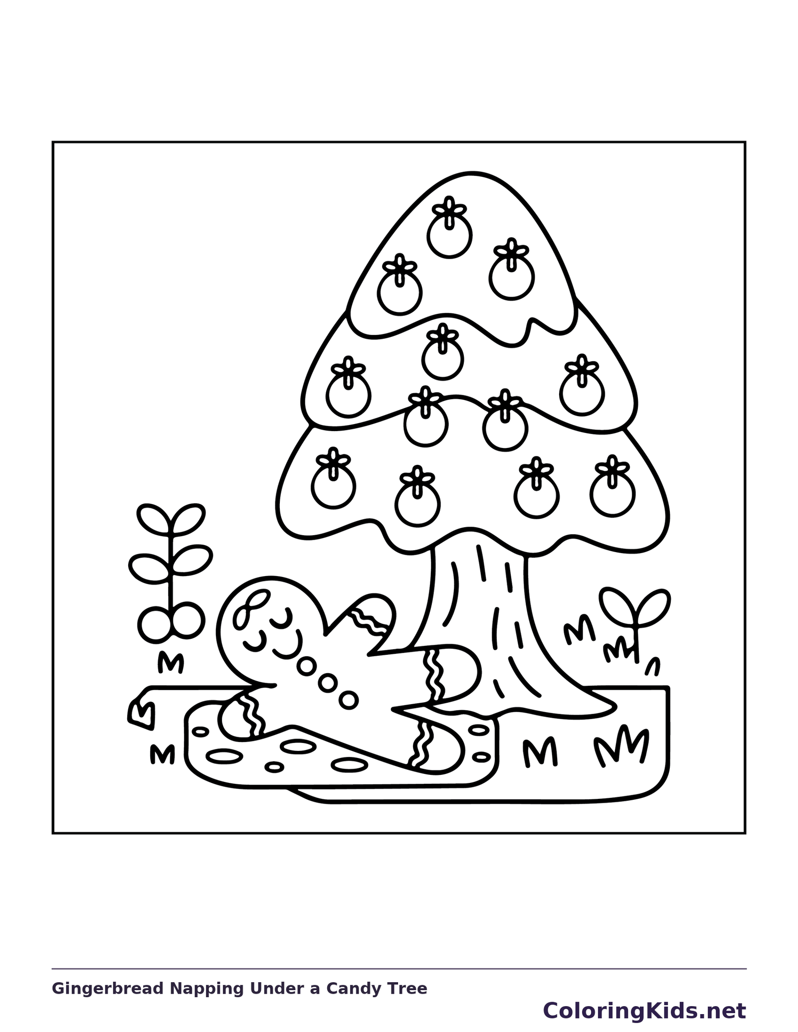 Gingerbread Napping Under a Candy Tree black and white gingerbread coloring page