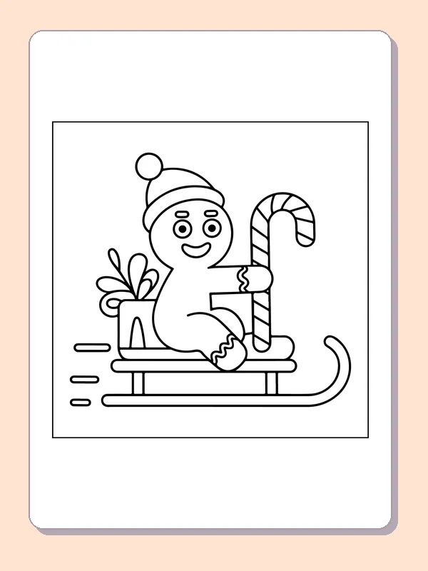 Gingerbread on a Candy Cane Sled black and white gingerbread coloring page