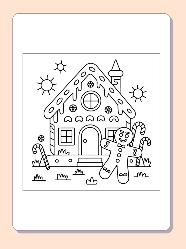 Gingerbread Outside a Frosted House black and white gingerbread coloring page