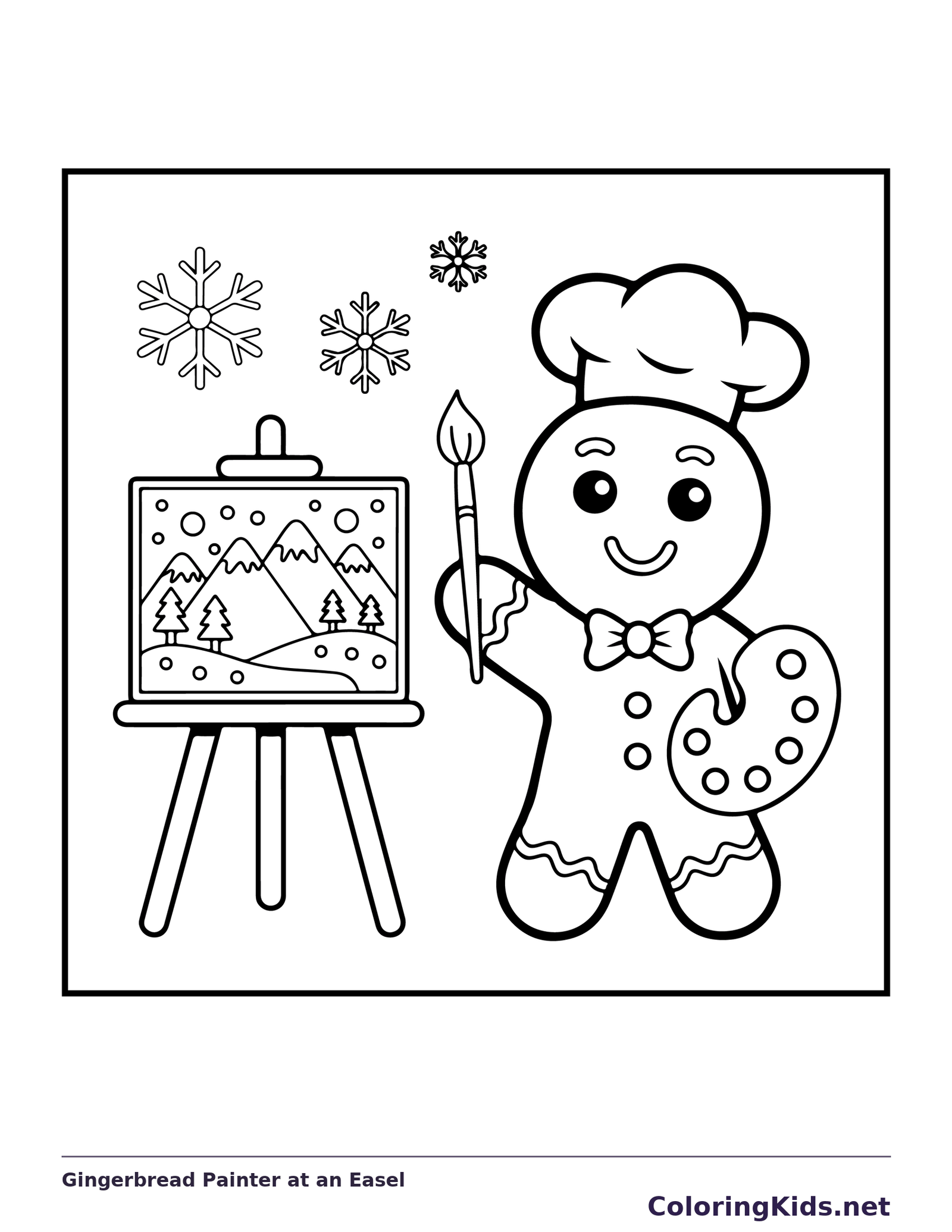 Gingerbread Painter at an Easel black and white gingerbread coloring page