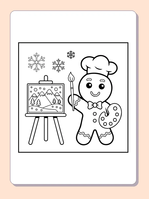 Gingerbread Painter at an Easel black and white gingerbread coloring page