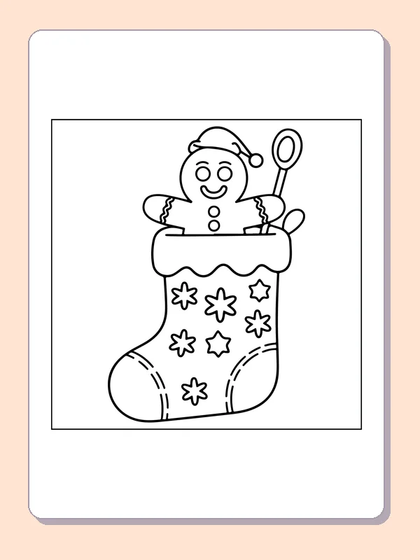 Gingerbread Peeking from a Stocking black and white gingerbread coloring page