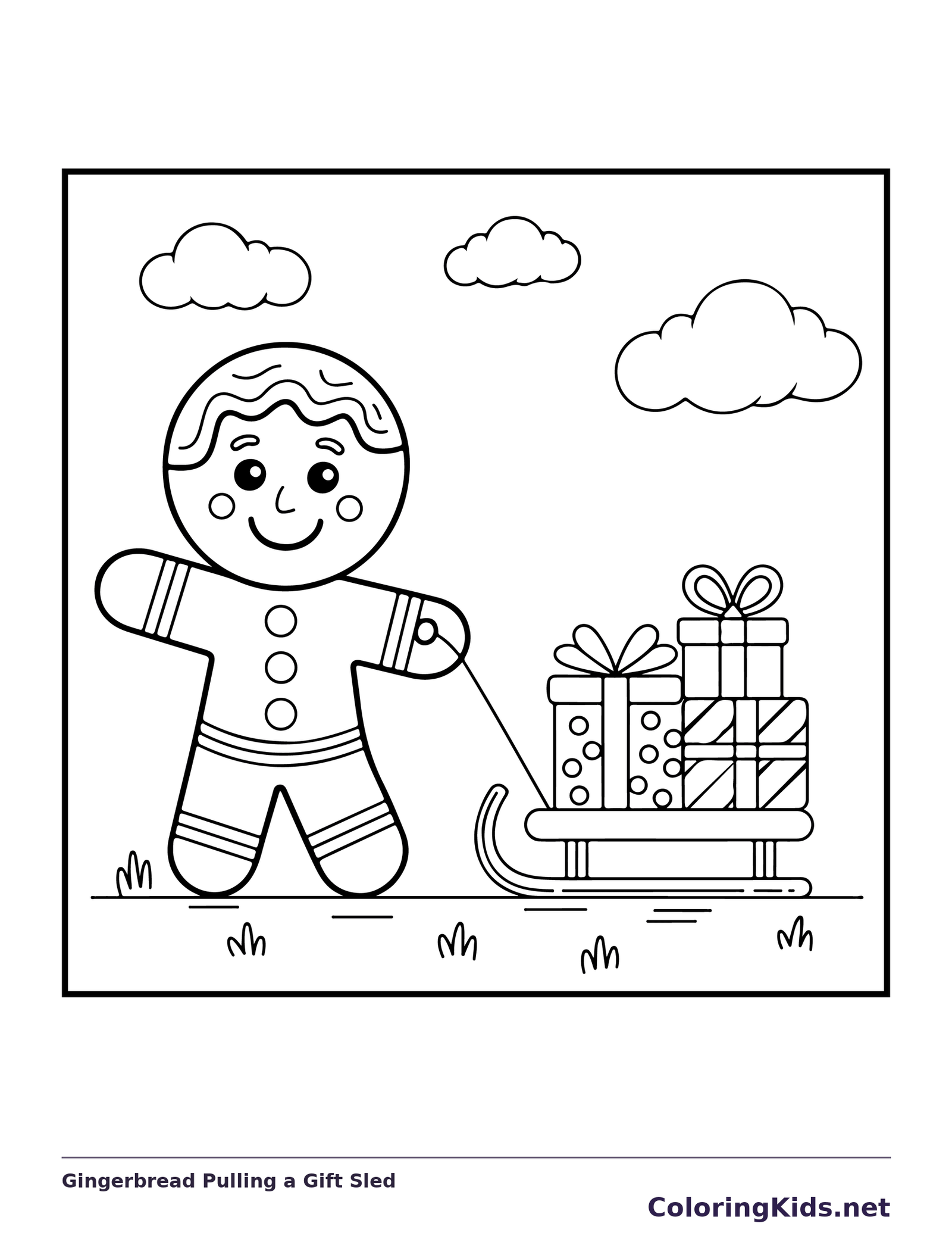 Gingerbread Pulling a Gift Sled black and white gingerbread coloring page