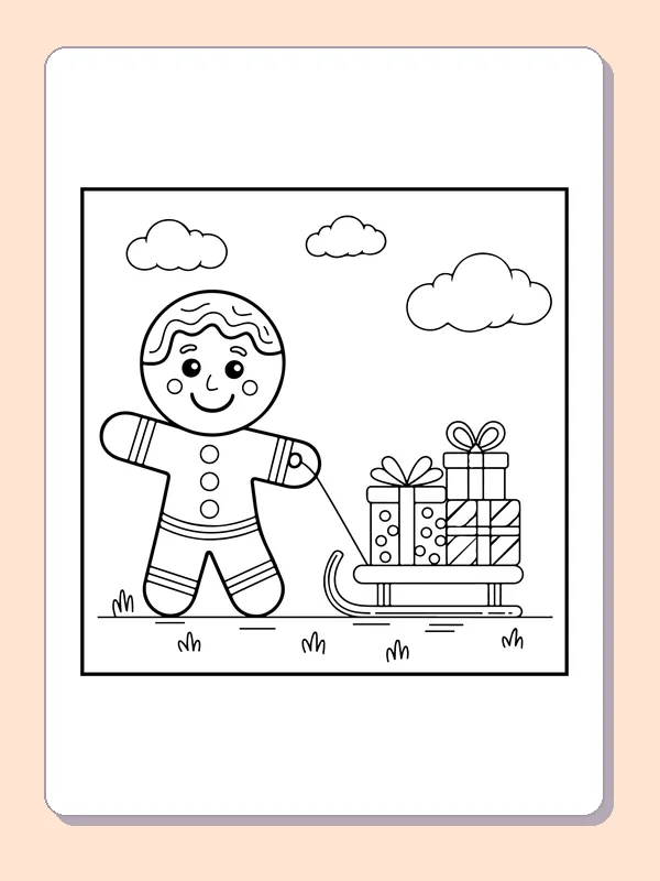 Gingerbread Pulling a Gift Sled black and white gingerbread coloring page