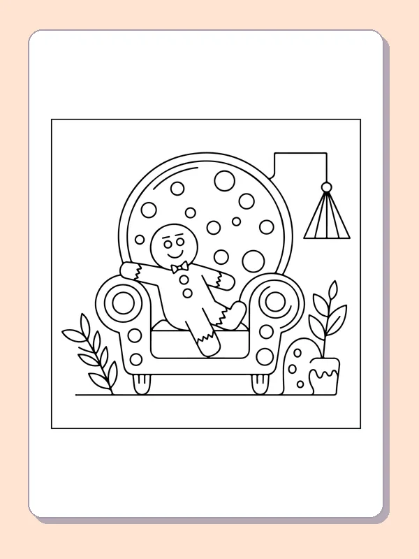 Gingerbread Reading in an Armchair black and white gingerbread coloring page