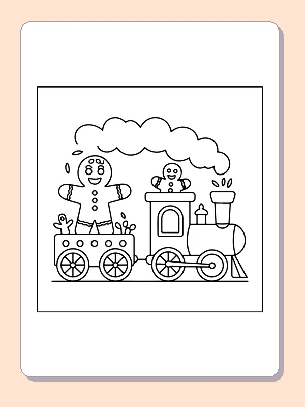 Gingerbread Riding a Candy Train black and white gingerbread coloring page