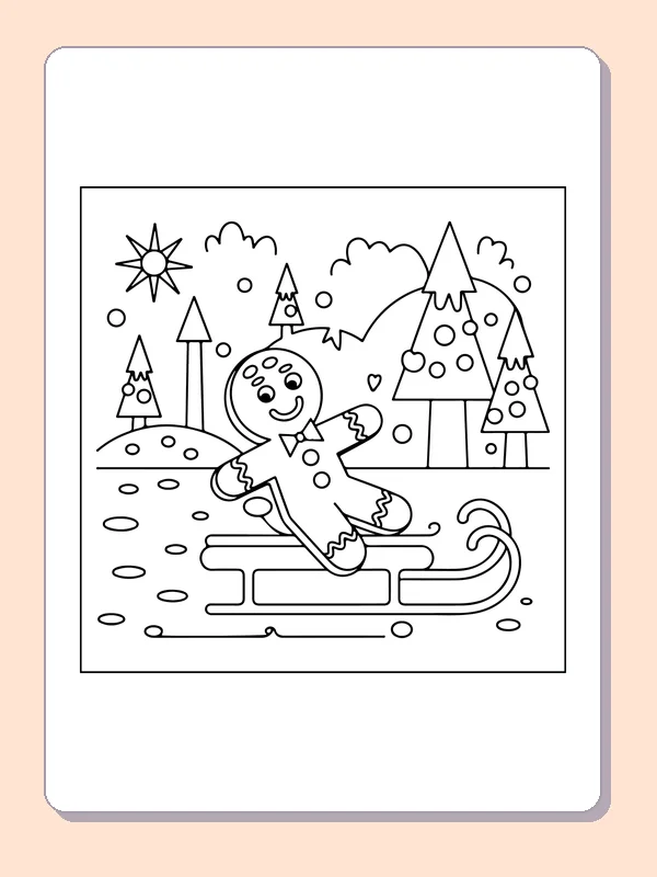 Gingerbread Riding a Snowy Sled black and white gingerbread coloring page