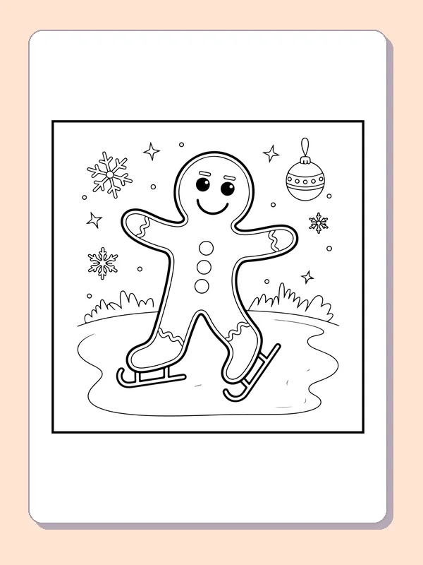 Gingerbread Skating under Snowflakes black and white gingerbread coloring page