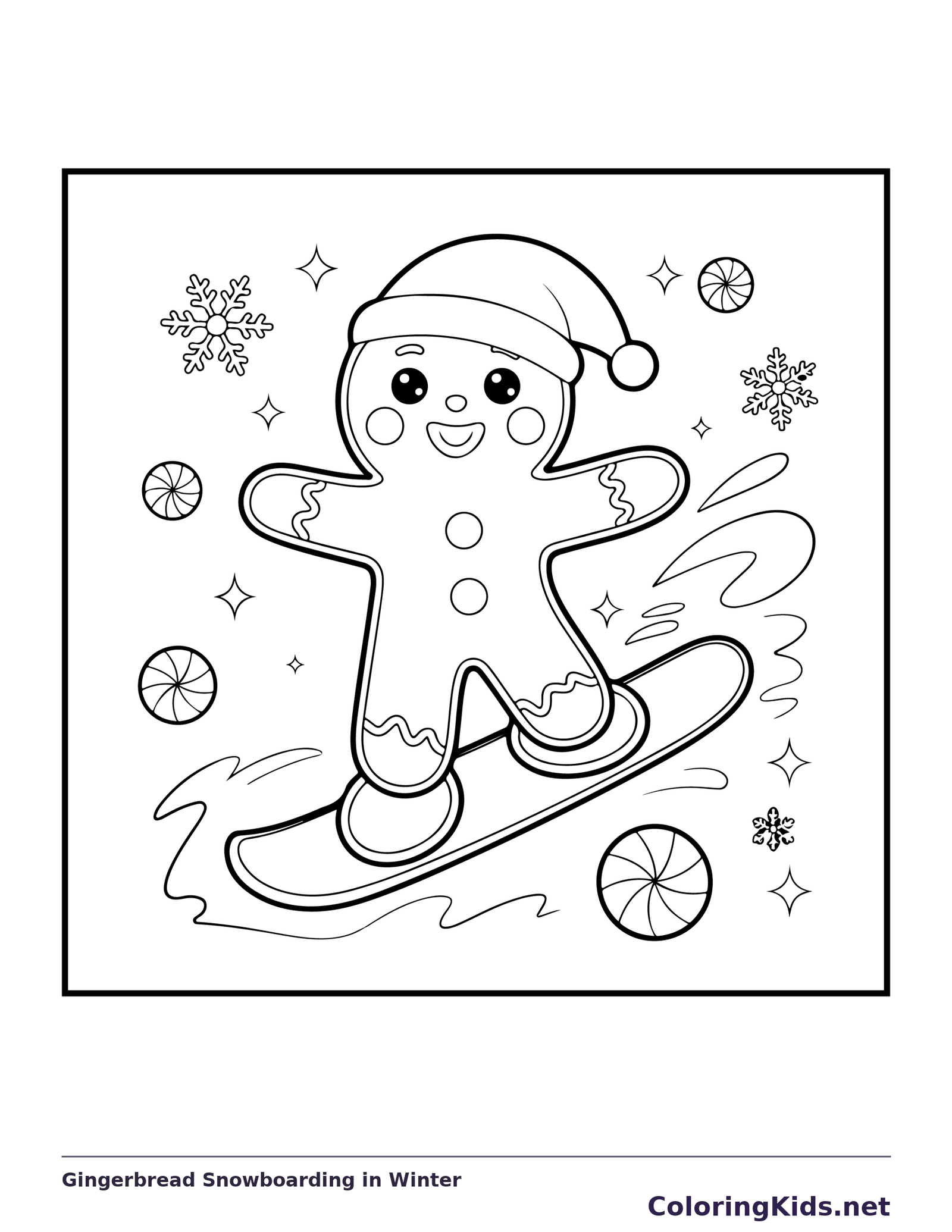 Gingerbread Snowboarding in Winter black and white gingerbread coloring page
