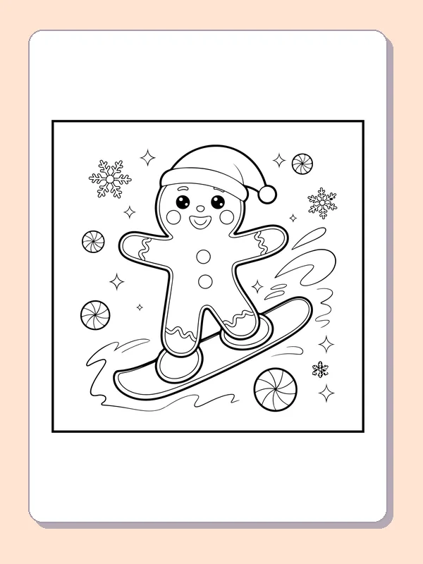 Gingerbread Snowboarding in Winter black and white gingerbread coloring page
