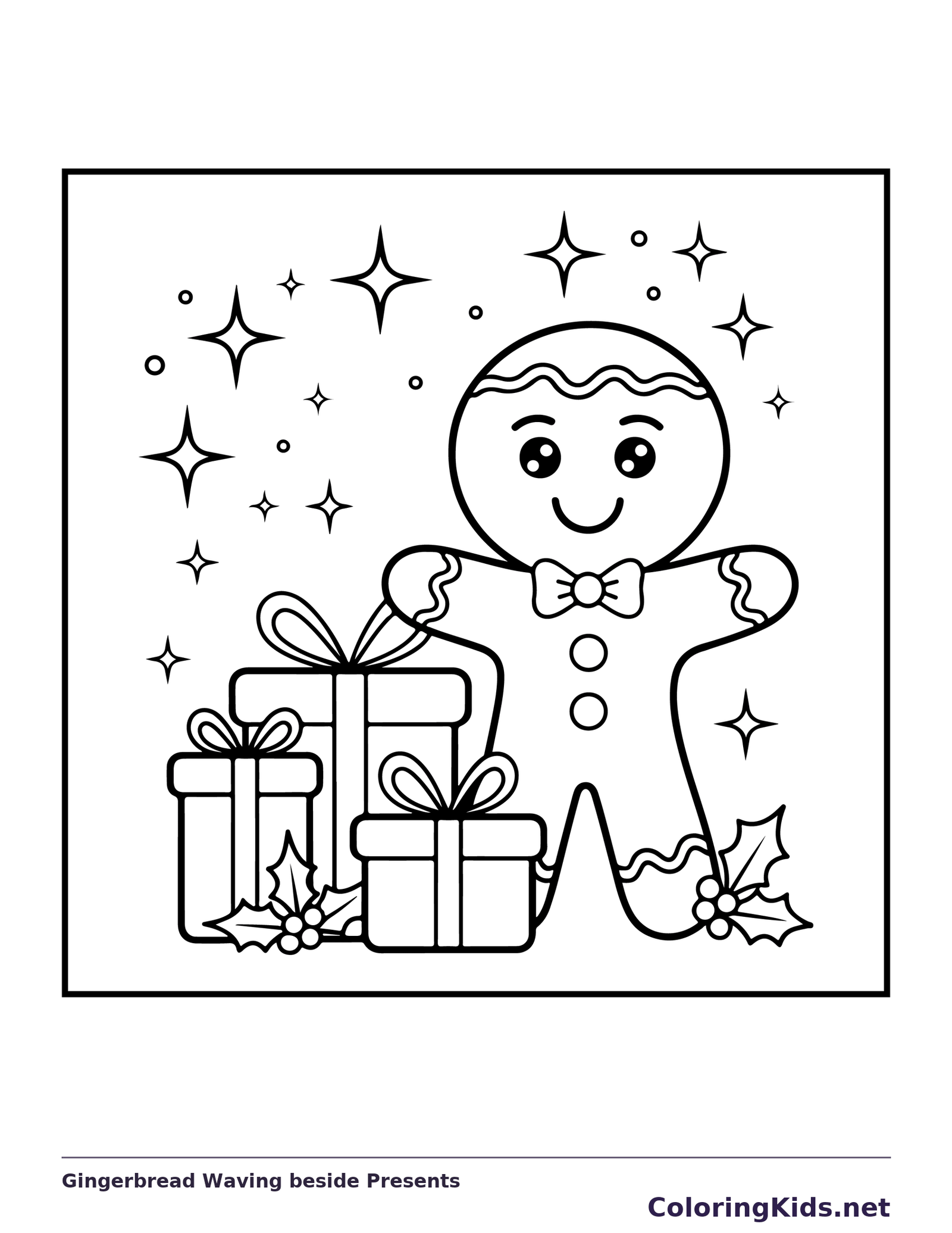 Gingerbread Waving beside Presents black and white gingerbread coloring page