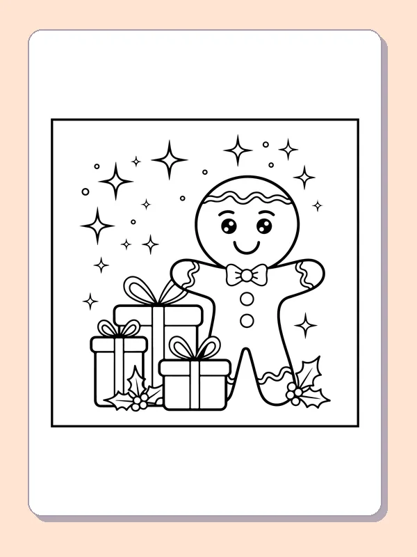 Gingerbread Waving beside Presents black and white gingerbread coloring page