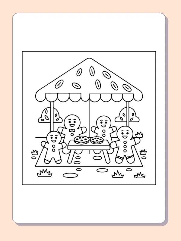 Three Gingerbread Friends at a Table black and white gingerbread coloring page