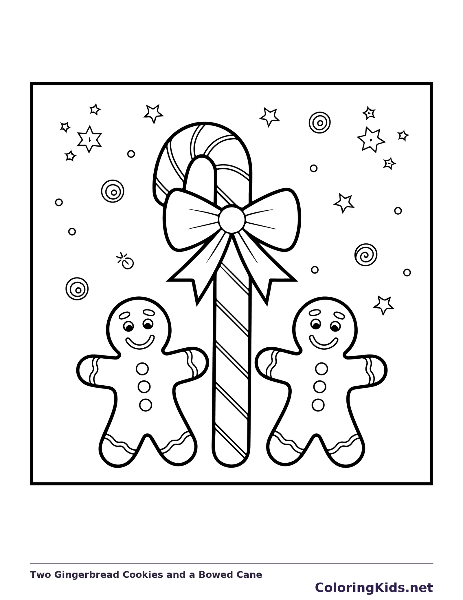 Two Gingerbread Cookies and a Bowed Cane black and white gingerbread coloring page