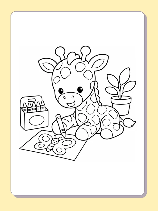 Giraffe coloring a butterfly drawing beside a crayon box and leafy plant