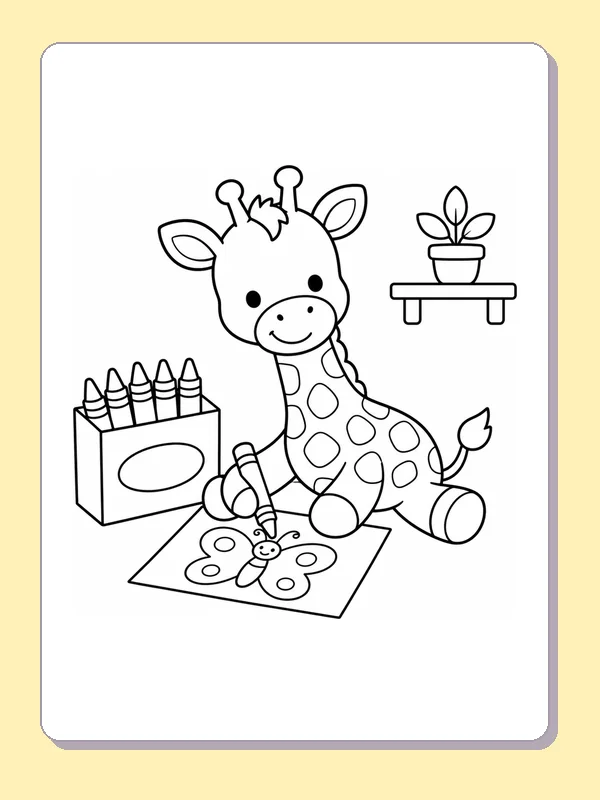Seated giraffe drawing a butterfly on paper beside a box of crayons