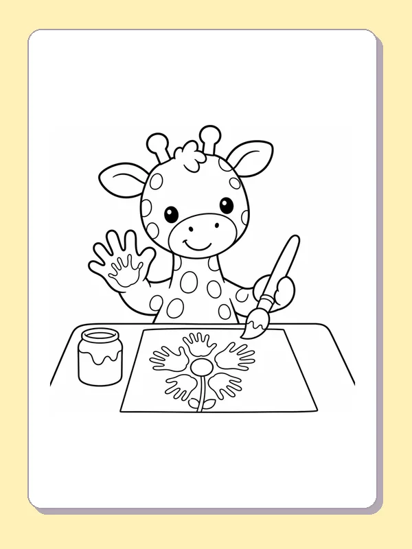 Giraffe making a flower handprint picture on a table beside a paint pot